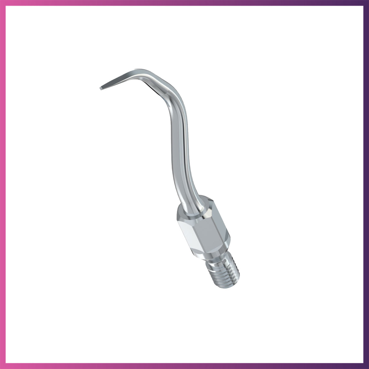 A dental ultrasonic tip with a hook-shaped design.