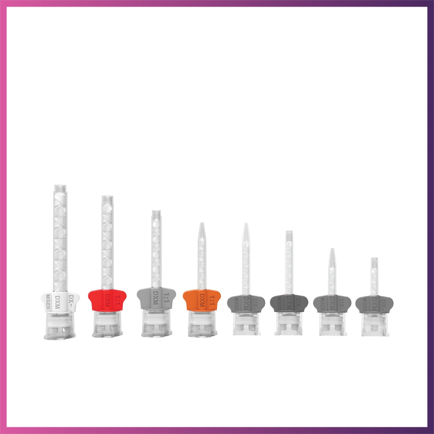 A selection of dental mixing tips with different colored grips, displayed on a white background.