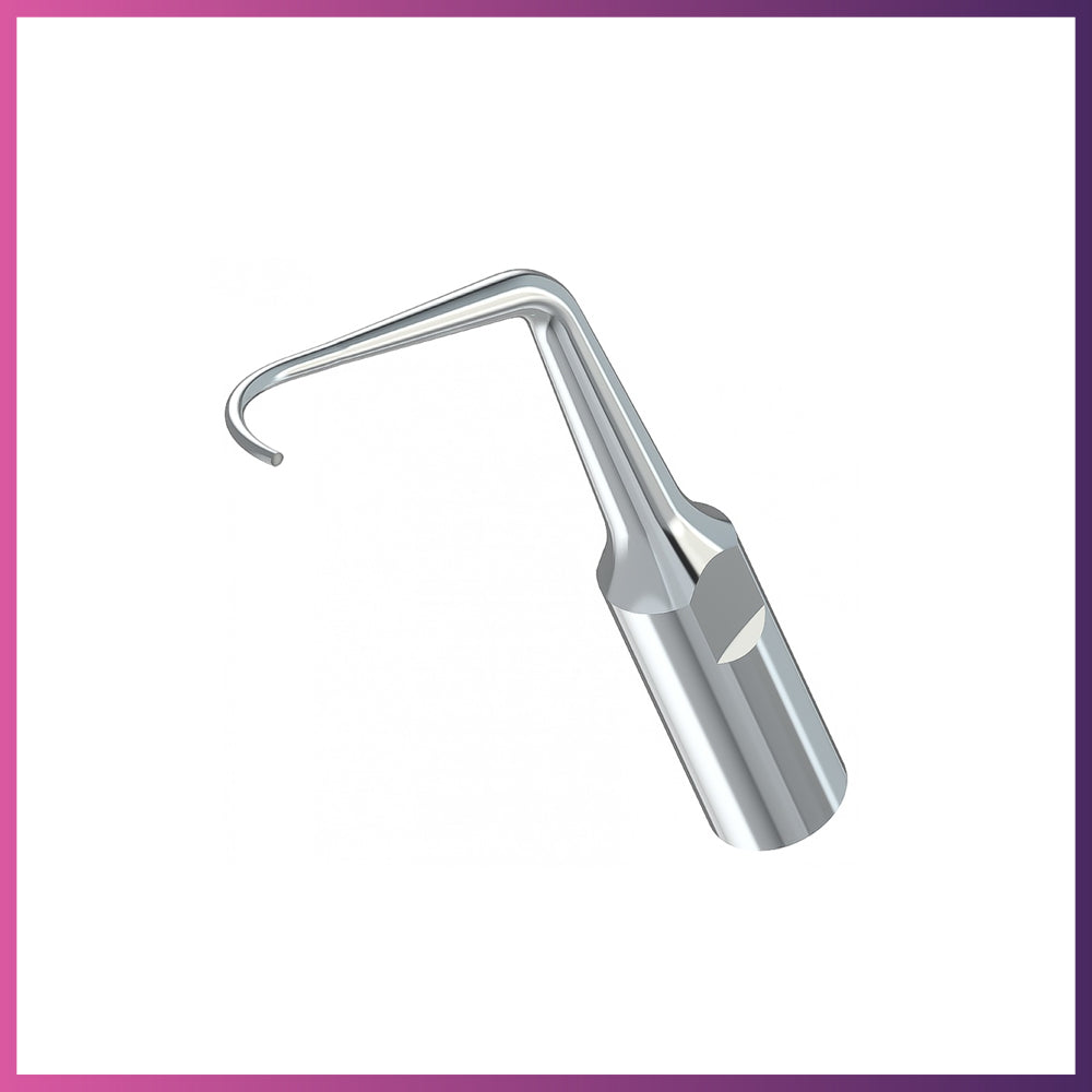 A silver ultrasonic dental tip with a left-angled design, intended for periodontal cleaning.