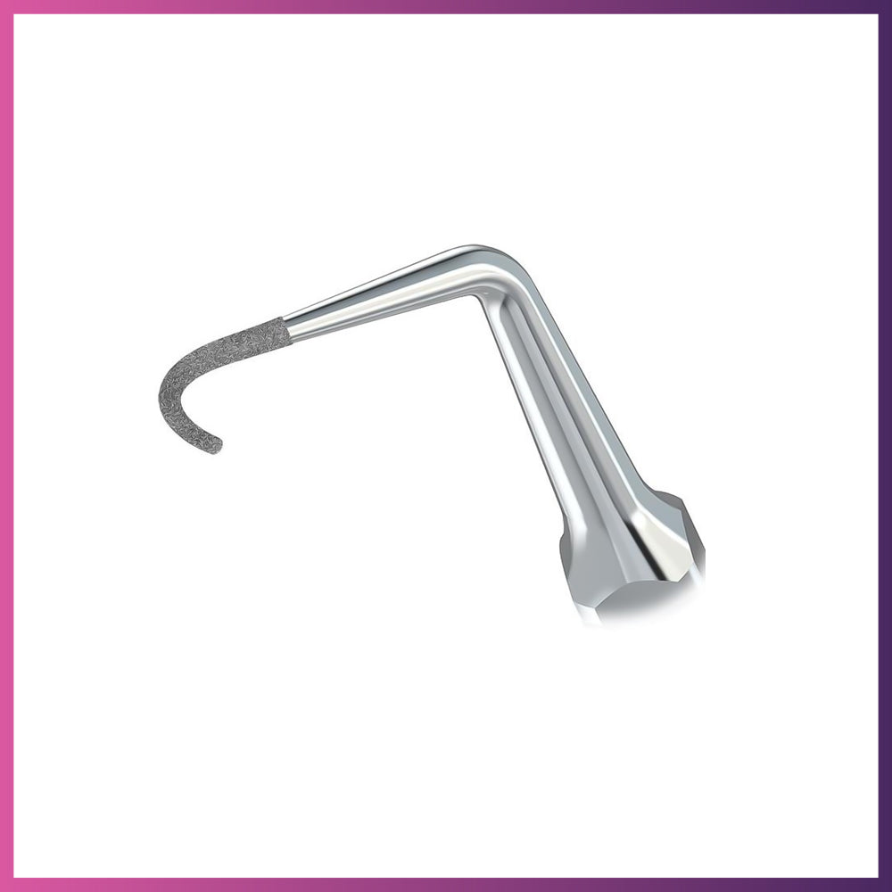 A left-angled, diamond-coated ultrasonic tip for root planing, with a fine abrasive surface and a hook-like extension at the tip.