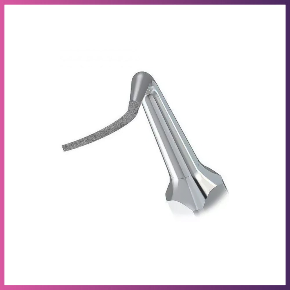 A right-angled, diamond-coated ultrasonic tip for root planing, with a silver color and a flexible connector.