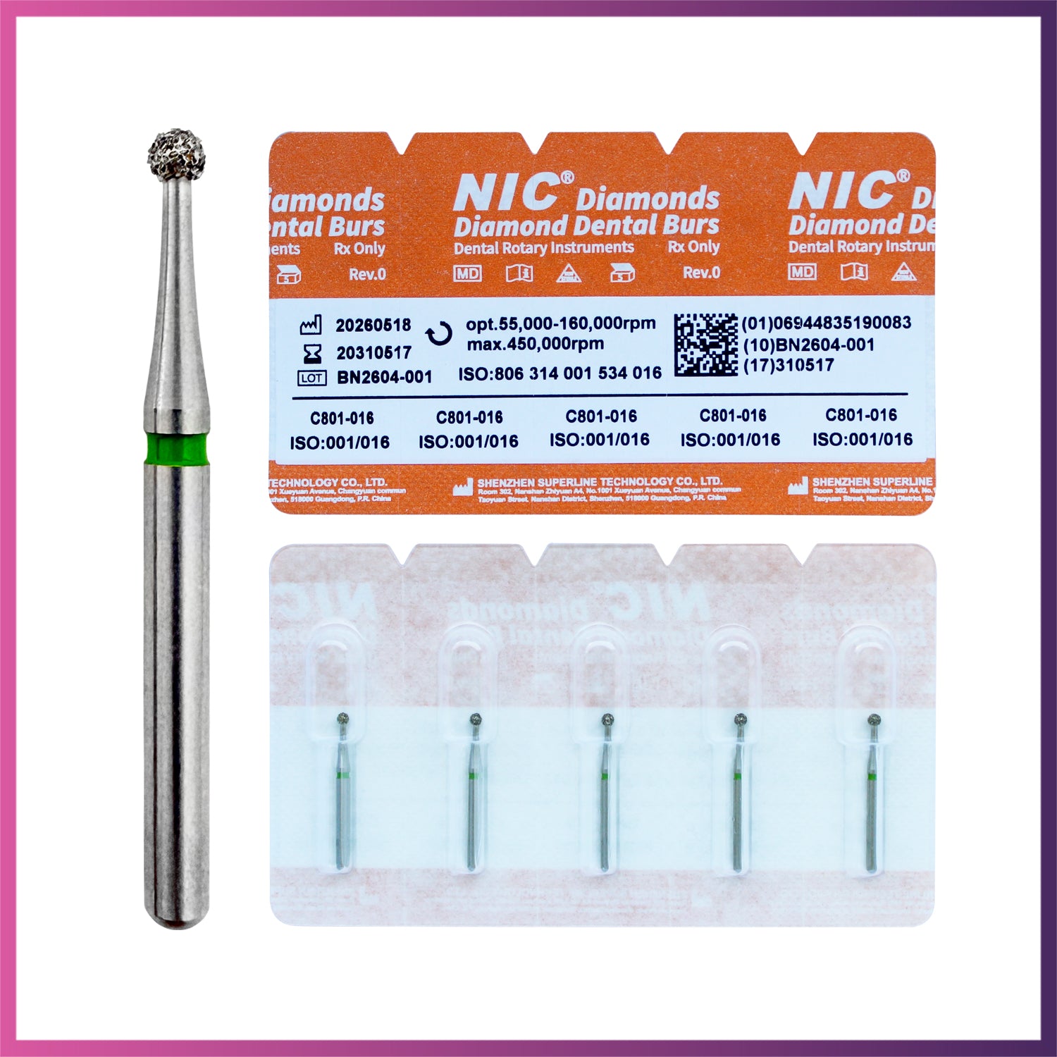 Nic® Round Ball Diamond Bur #801 FG