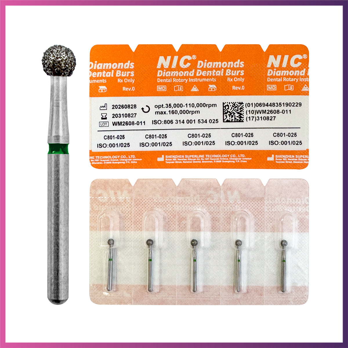 Nic® Round Ball Diamond Bur #801 FG