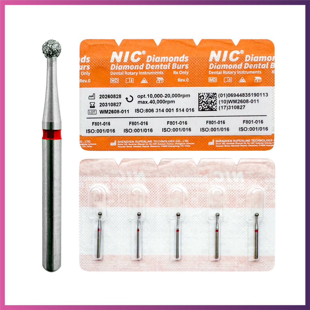 Nic® Round Ball Diamond Bur #801 FG