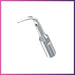 A curved, metallic ultrasonic scaler tip designed for dental use, displayed against a white background.