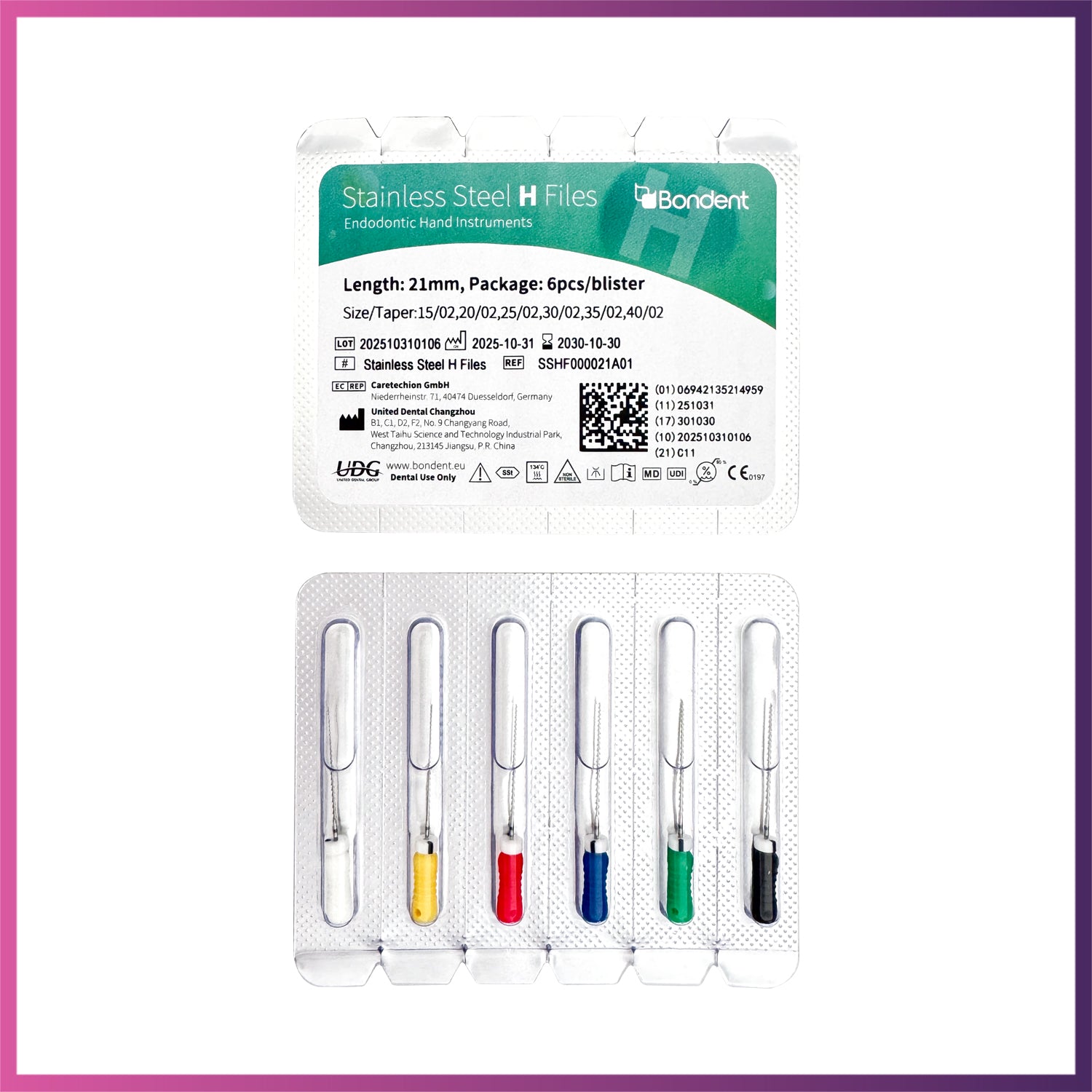 BonDent Stainless Steel H-Files 6/Pk