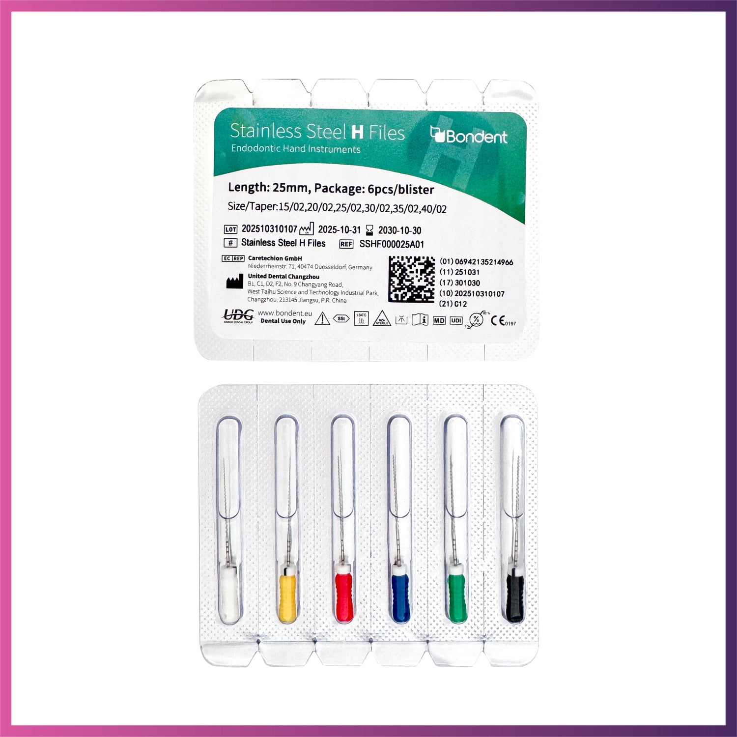 BonDent Stainless Steel H-Files 6/Pk