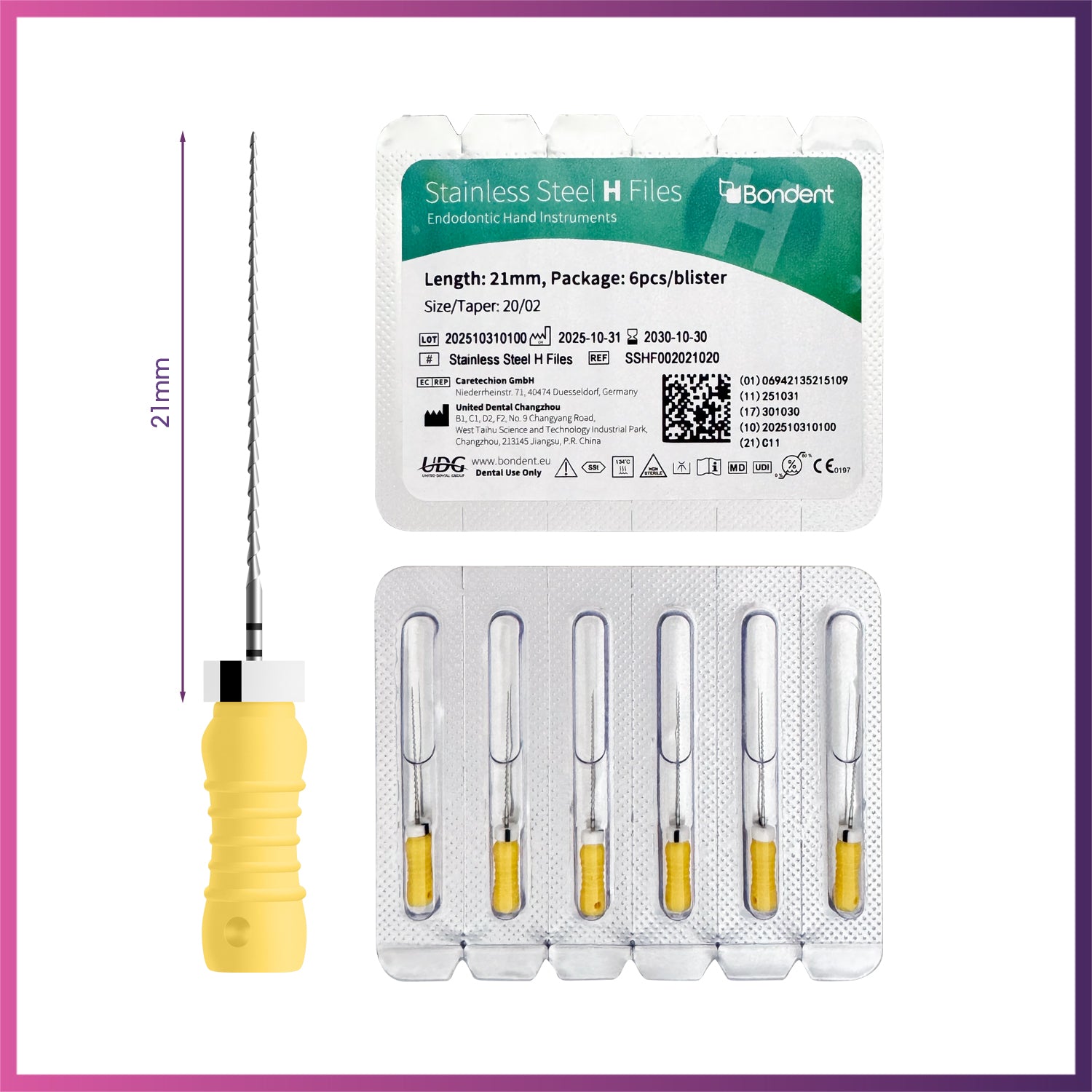 BonDent Stainless Steel H-Files 6/Pk