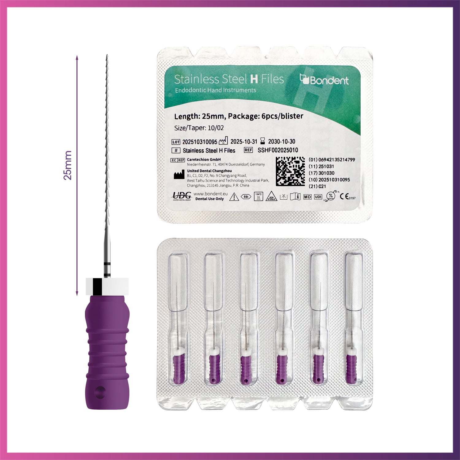 BonDent Stainless Steel H-Files 6/Pk