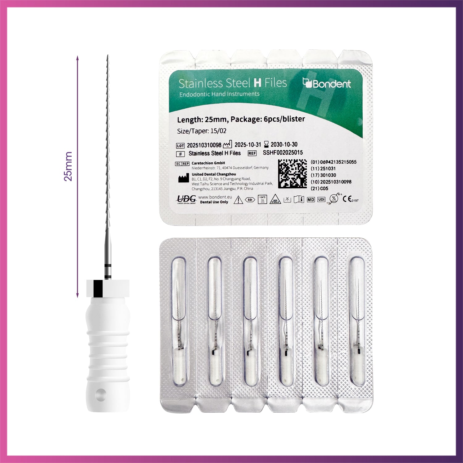 BonDent Stainless Steel H-Files 6/Pk