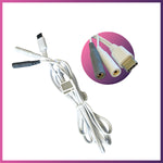 A set of white measuring wires for endodontic procedures with different connection types, displayed alongside their corresponding connectors.