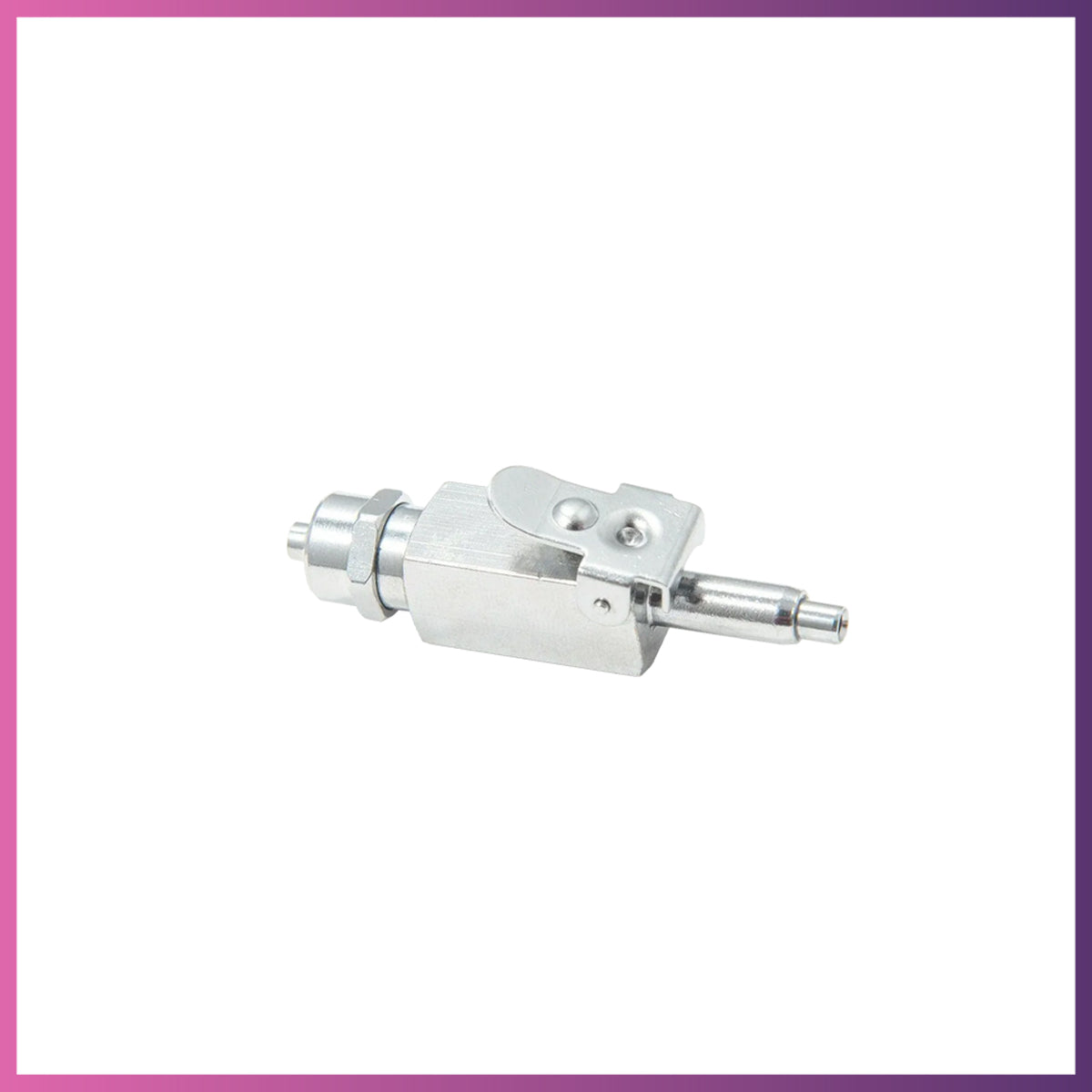 A dental quick connector for water hose, featuring a metallic silver body with a connector nozzle and shut-off valve.